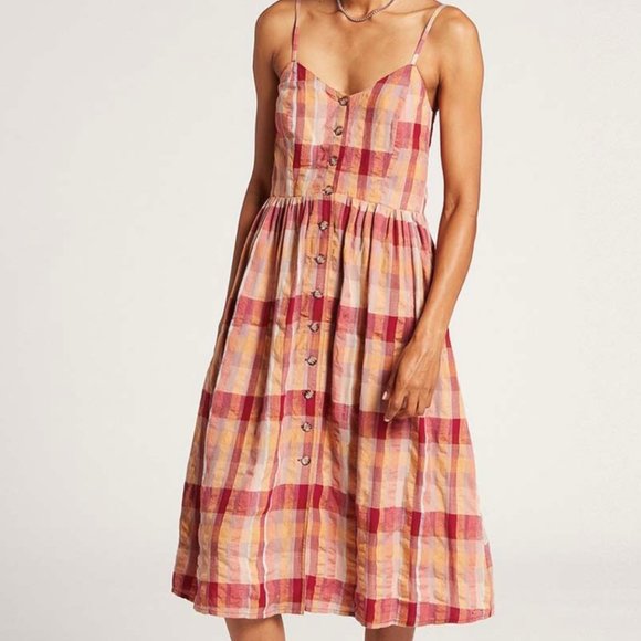 Volcom Auburn & Yellow Plaid NWT Madrasita Button-Front Sleeveless Dress SMALL - Picture 1 of 10